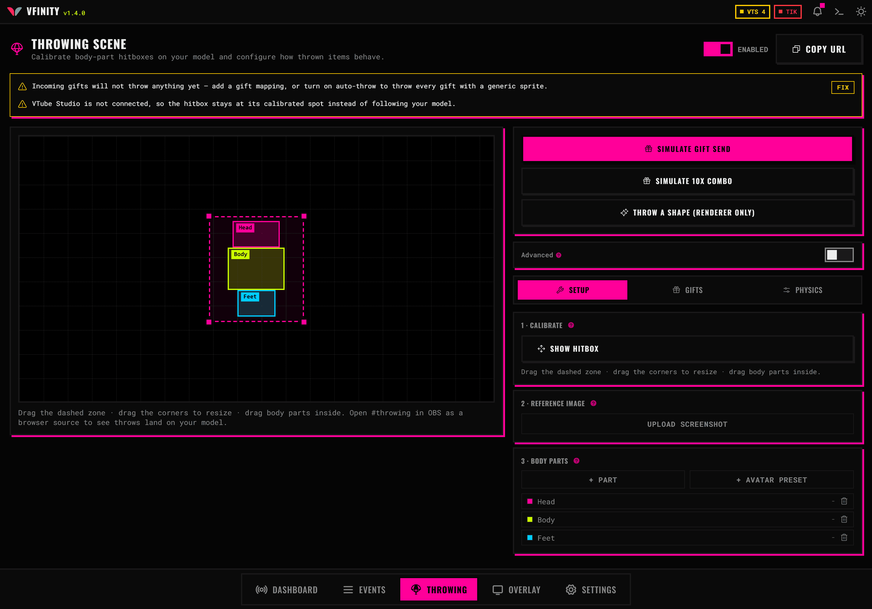 The throwing tab: a preview with head, body and feet hitboxes drawn on it, the needs-attention panel listing two problems, and the setup controls for calibration, reference image and body parts.