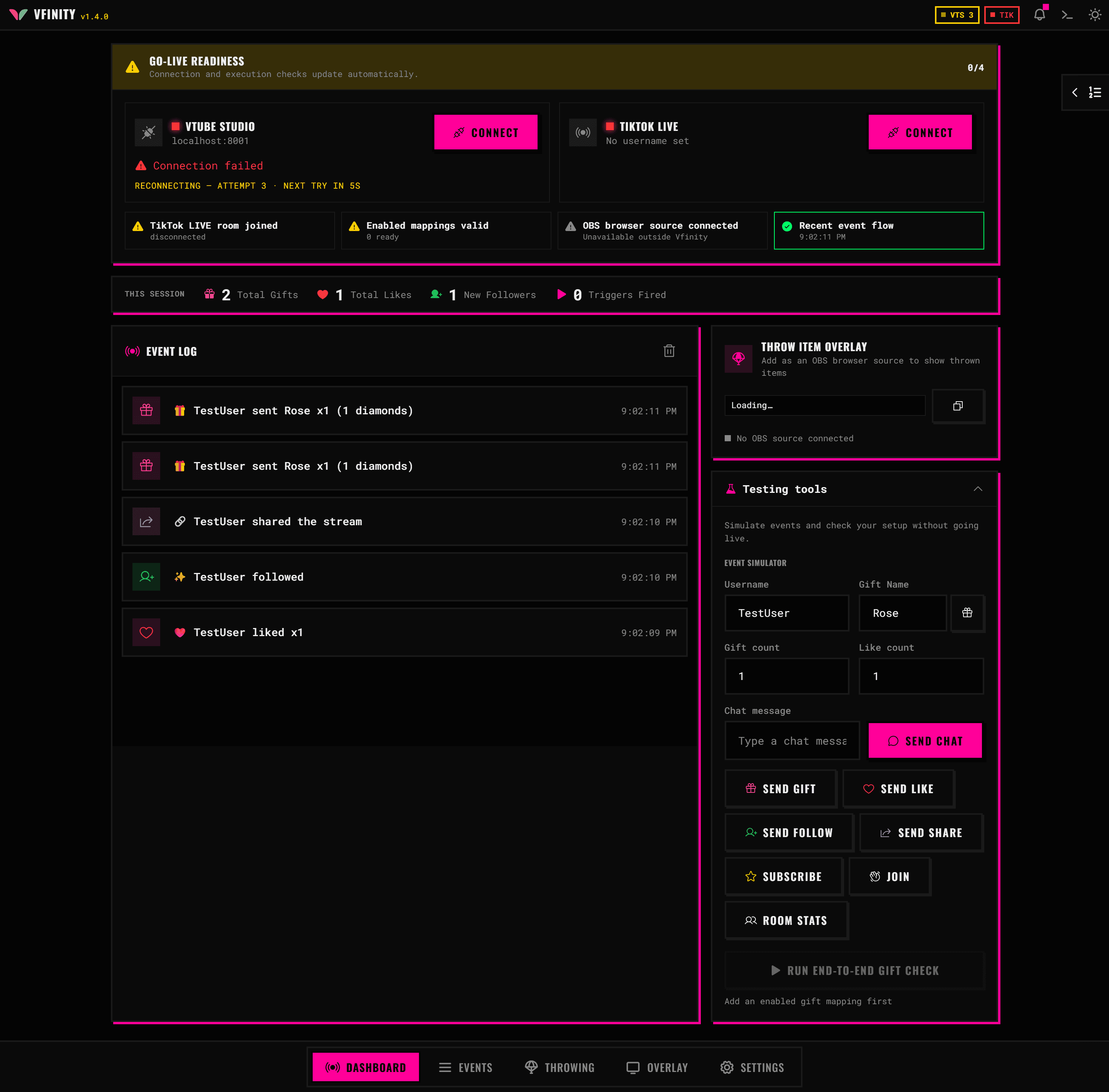 The Vfinity dashboard on a fresh install: a go-live readiness panel, connection cards for VTube Studio and TikTok LIVE, session counters at zero, an empty event log, and the testing tools.