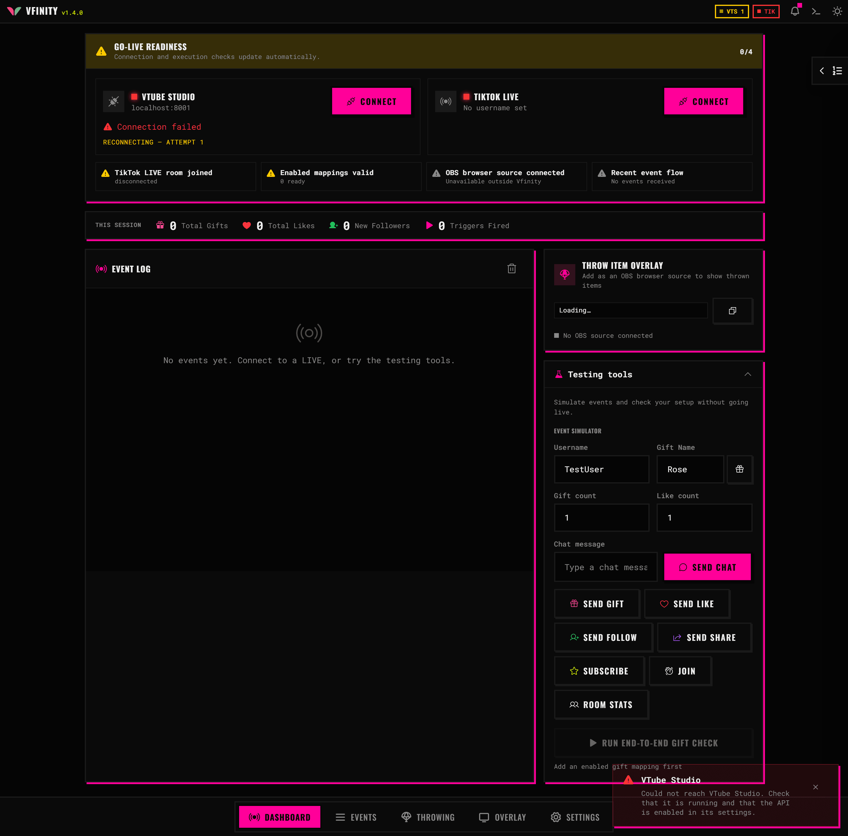 The event simulator panel on the dashboard, with fields for username, gift name, gift count and like count, and buttons to send a gift, like, follow, share, chat, subscribe, join or room stats.
