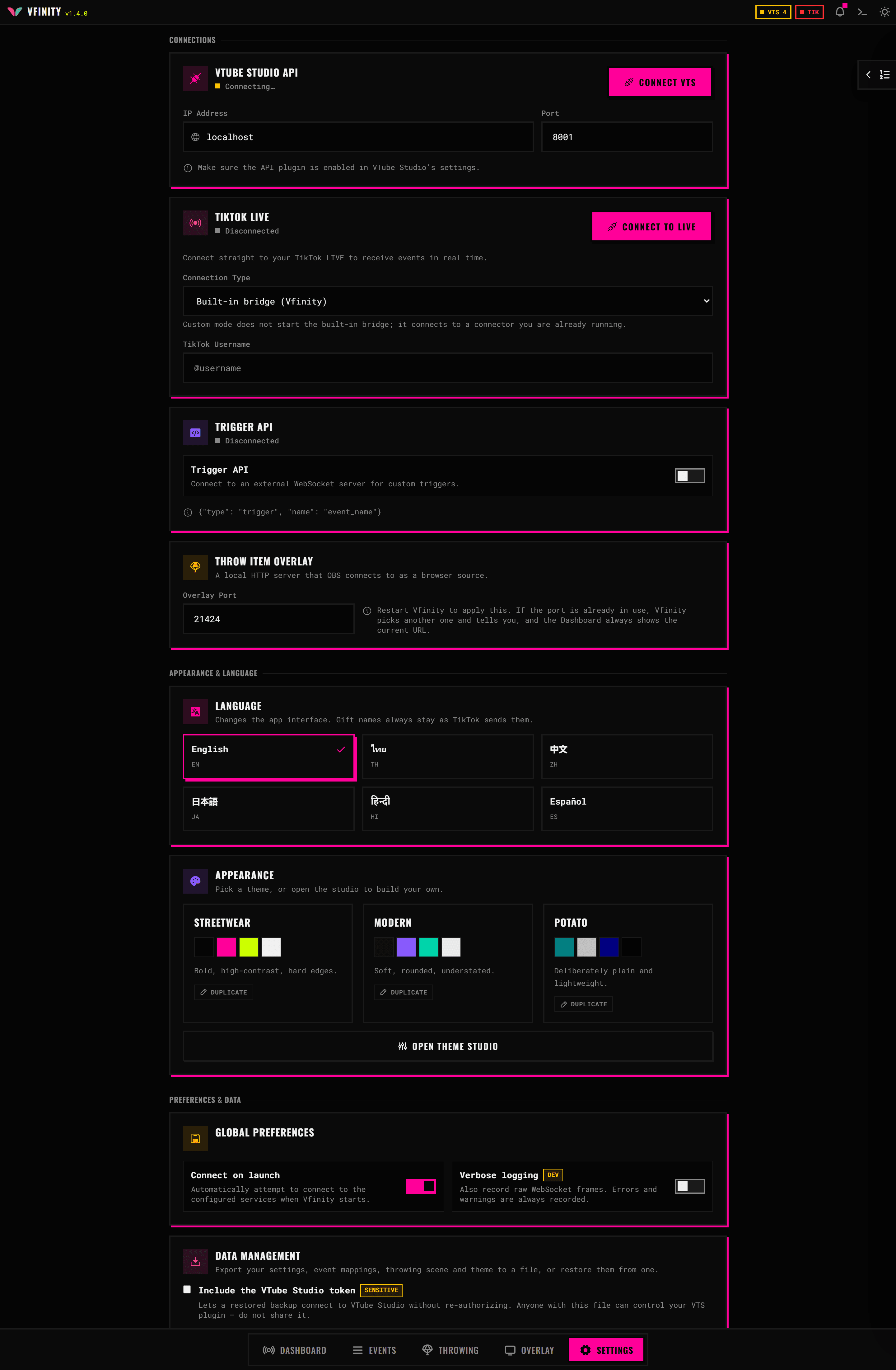 The Vfinity settings tab, with the connections group at the top holding cards for VTube Studio, TikTok LIVE, the trigger API and the throw item overlay.