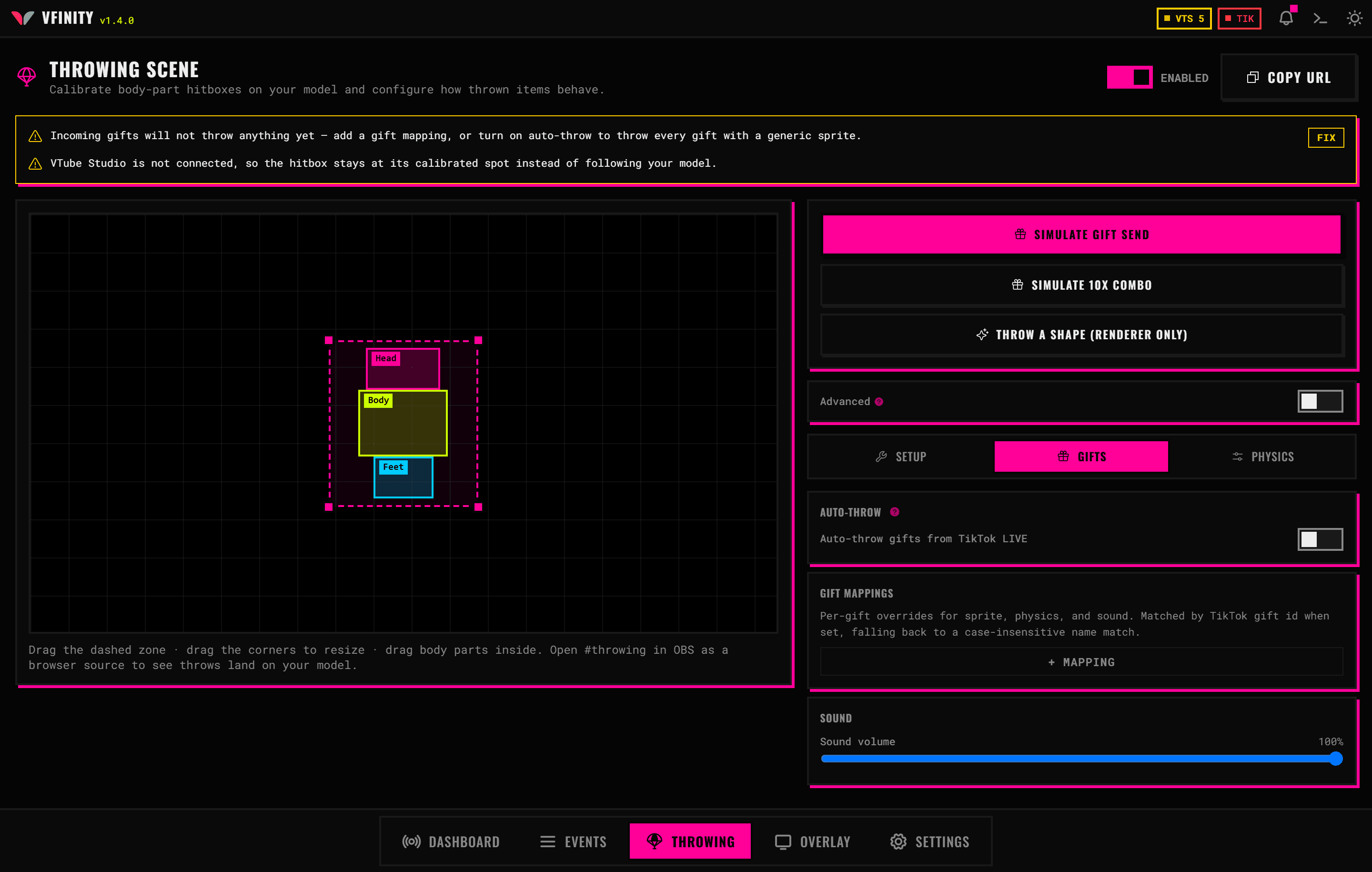 The gifts sub-tab of the throwing scene, showing the gift mappings list and the per-gift override controls.