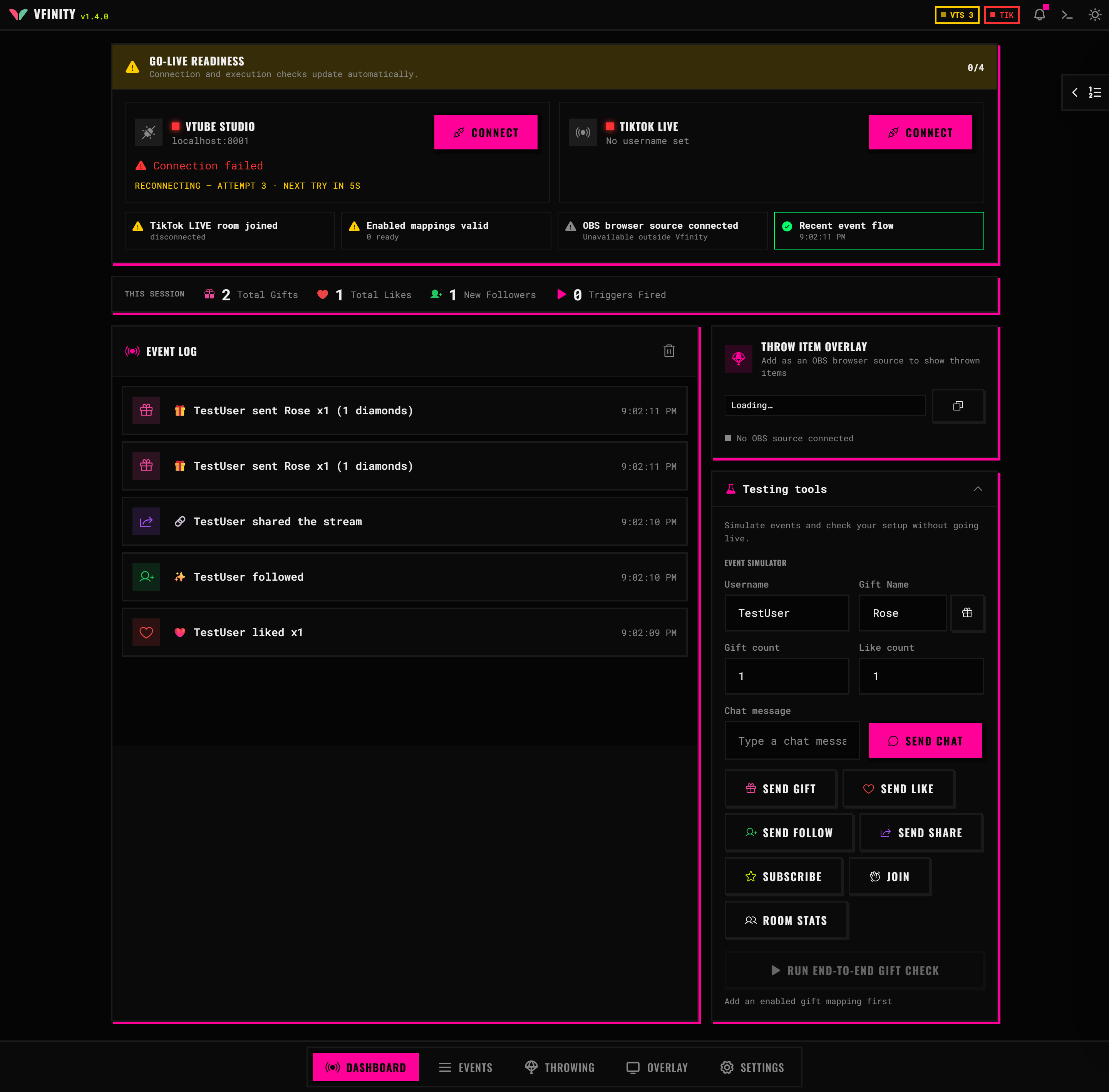 The Vfinity dashboard, showing connection status, session counters and the live event log.
