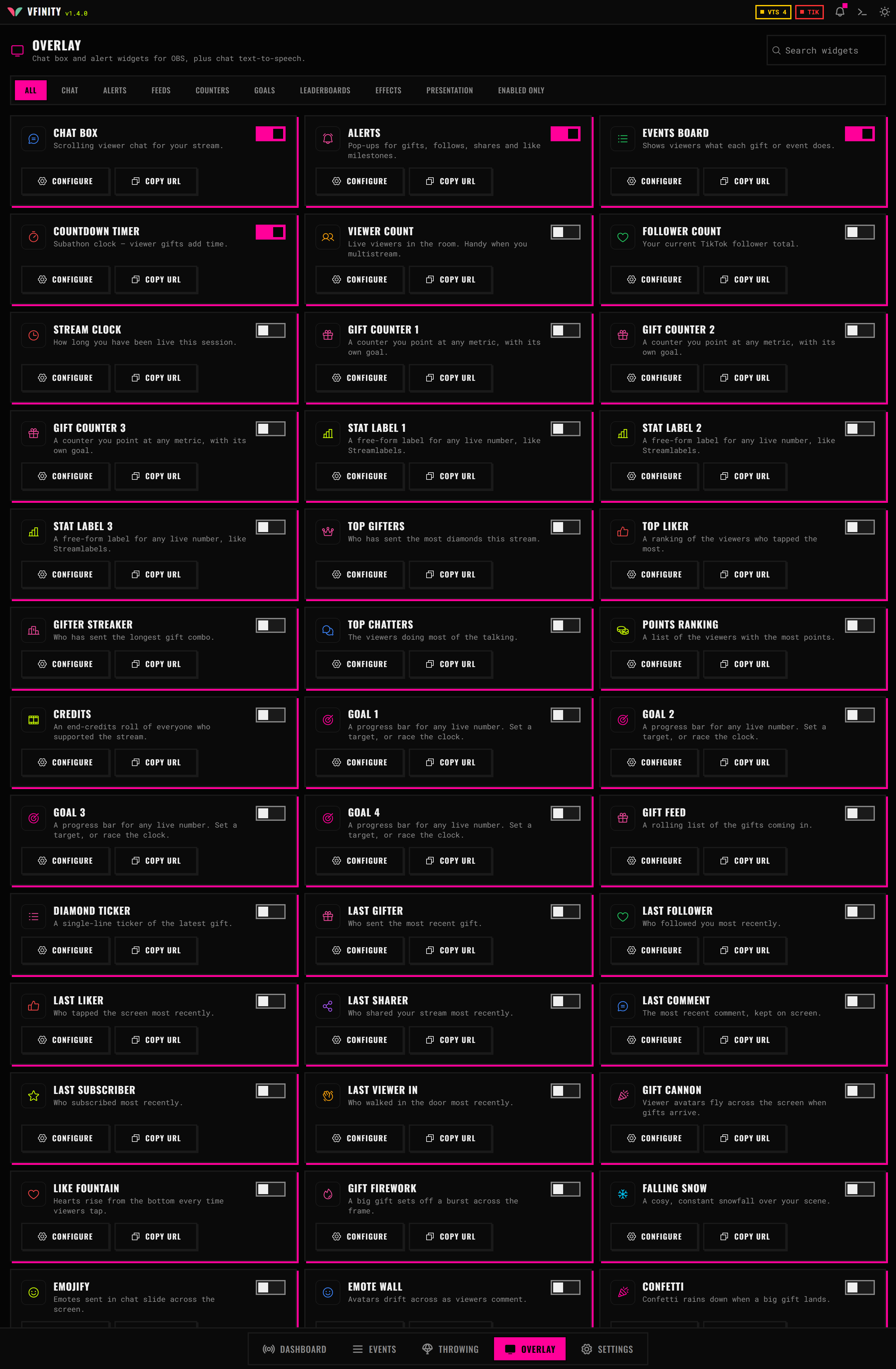 The Vfinity overlay tab, a gallery of OBS widget cards with enable toggles and copy-URL buttons.